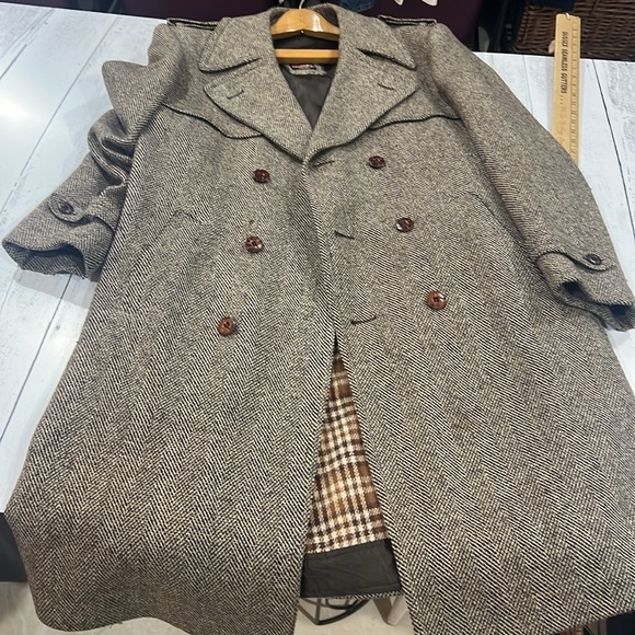 Vintage European Craft Poland Brown Trench Herringbone Coat - Picture 4 of 7